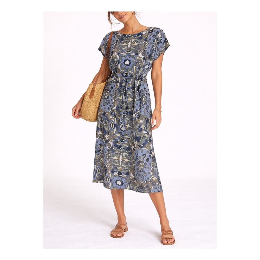 Ella Rafaella Belted Paisley Midi Dress 1X Blue Boho Resort Coastal Feminine